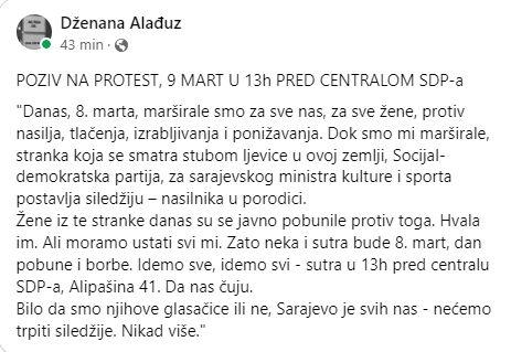 USTAJTE SVI: Sutra pred centralom SDP-a protesti žena – ‘Ministar kulture i sporta u KS ne može biti nasilnik!’