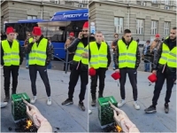 VUČIĆEVI PLAĆENI BOTOVI NASTAVLJAJU PROVOKACIJE: 'Ćaci' sa fesovima na glavama pekli prase ispred skupštine u Beogradu