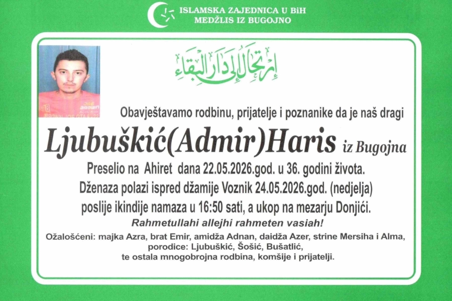 TUGA U BUGOJNU: Preminuo Haris Ljubuškić, sin heroja Armije RBiH i bratić policajca ubijenog u terorističkom napadu