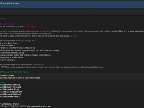 HAKERI IZ SRBIJE UDARILI NA HRVATSKU, HVALE SE NA DARK WEB-u: 'Imamo hiljade dijagnoza i podataka pacijenata!'