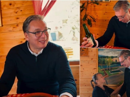 PREDIZBORNA TURNEJA PO KAFANAMA: Vučić naručio jagnjetinu ispod sača, ljute papričice i 'tri mala niška', a onda pročitao natpis s flaše... (VIDEO)
